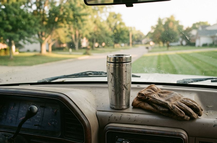 A pickup dashboard at sunrise, looking out on a quiet street of mowed lawns.