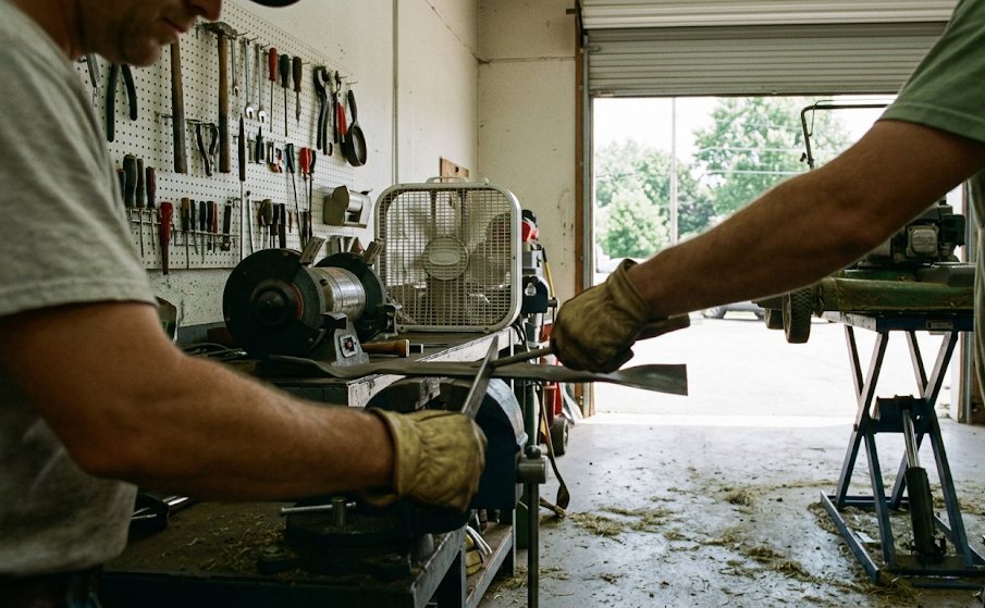 Gloved hands sharpening a mower blade in a vise in a small equipment garage.