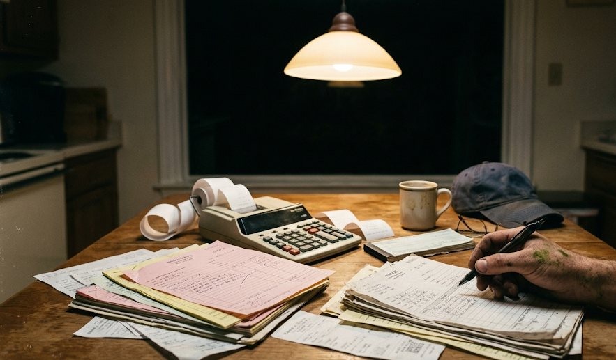 Handwritten invoices, a calculator and a cold coffee on a kitchen table under a lamp at night.
